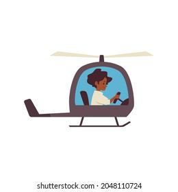 Cute little child boy flying helicopter, flat cartoon vector illustration isolated on white background. Child learning to operate an air vehicle or toy transport.