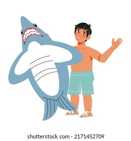 Cute little child boy with inflatable ring in shape of shark, flat vector illustration isolated on white background. Child ready for summer beach holiday, swimming pool or water park activity.