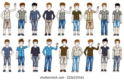 Cute little child boys early teenagers in different casual wear standing in full length and posing vector illustrations isolated big set, happy beautiful kids drawings collection, people diversity.