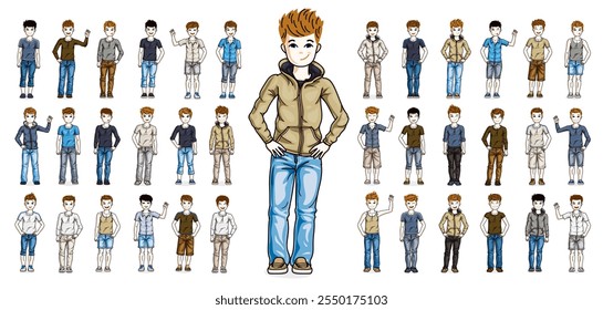 Meninos pequenos bonitos adolescentes em diferentes desgaste casual de pé em comprimento total e posando ilustrações vetoriais conjunto grande isolado, coleção de desenhos de crianças bonitas felizes, diversidade de pessoas.