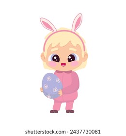 Cute little child with bunny ears holding easter egg on white background