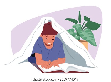 Cute little child cartoon character reading paper literature book lying in bed hiding under blanket in home bedroom before sleep scene. Kids hobby, rest and leisure bedtime vector illustration