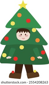 Cute little child cartoon wearing Christmas tree costume