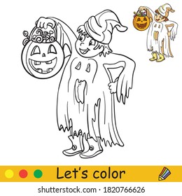 Cute little child in costume of ghost with lantern in form in pumpkin. Coloring book.Halloween cartoon vector illustration isolated on white background. Coloring book page with an example for coloring