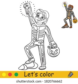 Cute little child in costume of skeleton with lantern in form of pumpkin. Coloring book. Halloween cartoon vector illustration isolated on white. Coloring book page with an example for coloring