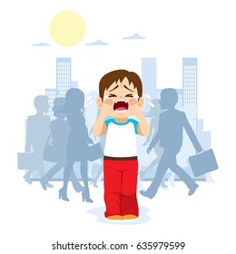 Cute little child crying because he is lost in the city with silhouette people on background