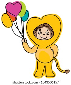 Cute little child disguised very sweetly in a yellow costume with a shape heart head, a lion tale, carrying colorful balloons