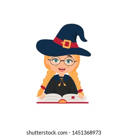 Cute little child dressed in costume witch. Halloween cartoon vector illustration. Element for design, prints and greeting cards. Design for print, t-shirt, party decoration, sticker. 