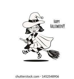 Cute little child dressed in costume witch on a broomstick. Halloween  vector illustration. Element for design, prints and greeting cards. Design for print, t-shirt, party decoration, sticker. 