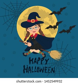 Cute little child dressed in costume witch on a broomstick. Halloween  vector illustration. Element for design, prints and greeting cards. Design for print, t-shirt, party decoration, sticker. 