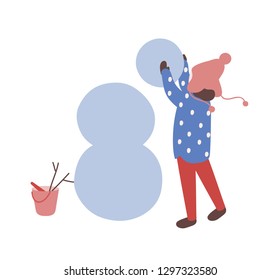 Cute little child girl dressed in outerwear building snowman. Winter outdoor activity for kids. Funny adorable cartoon character isolated on white background. Colorful flat vector illustration.