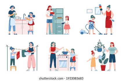 Cute little child girl helping her mother with household chores, cartoon vector illustration isolated on white background. Childrens responsibilities around the house.