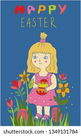 Cute little child girl holding painted egg in flowers