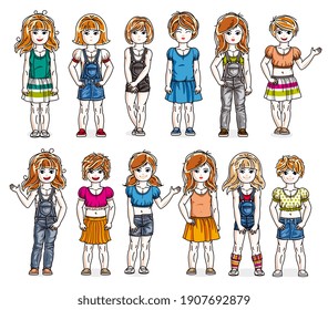 Cute little child girls in different casual wear standing in full length and posing vector illustrations isolated big set, happy beautiful kids drawings collection, people diversity children.