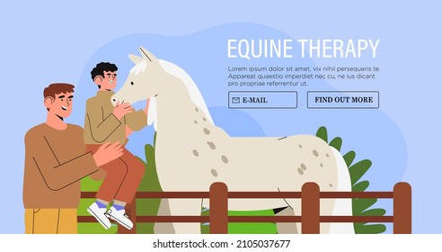 Cute Little Child Or Kid  And Father Hug Horse. Animals Therapy. Feed And Take Care Of Pets. Vector Cartoon Flat Character Illustration Banner, Website Or Web Page. Horse Riding Club Advertisement.