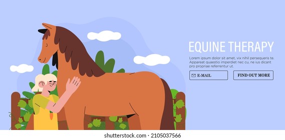 Cute Little Child Or Kid Girl Hug Horse. Animals Therapy. Feed And Take Care Of Pets. Vector Cartoon Flat Character Illustration Banner, Website Or Web Page. Horse Riding Club Advertisement.