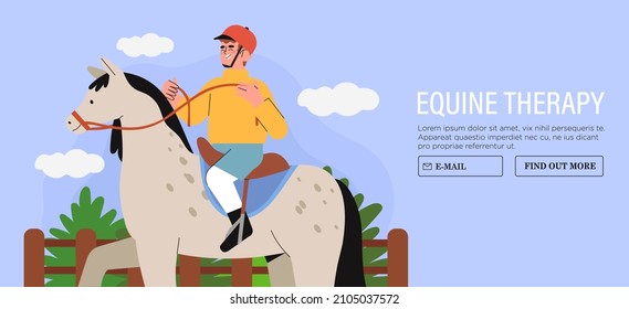 Cute little child or kid rides horse, young jockeys and equines, animals therapy. Feed and take care of pets. Vector cartoon flat character illustration banner, website or web page. Horse riding club.