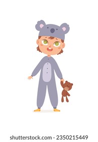 Cute little child in koala suit vector illustration. Cartoon isolated funny girl in kigurumi overalls standing on fun pajama party, kid in cozy animal costume holding teddy bear to play at sleepover