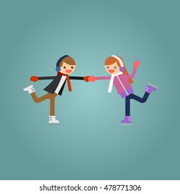 Cute little child play ice skating together. Illustration in vector format. Illustration done in cartoon style. Funny cartoon character.