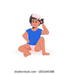cute little child playing baby boy sitting pose male cartoon character full length isolated vector illustration