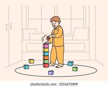 Cute little child playing with colorful blocks at home. Happy small boy kid have fun engaged in game with building bricks in living room. Vector illustration. 