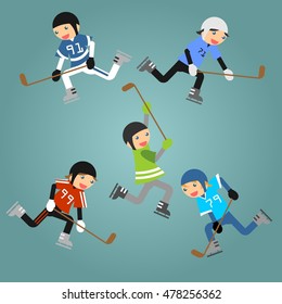 Cute little child playing ice hokey on ice rink in park. Illustration in vector format. Illustration done in cartoon style