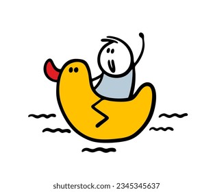 Cute little child swim and sail on the yellow rubber duck on the water. Vector illustration of children game with inflatable toy in swimming pool or sea. Funny person isolated on white background.