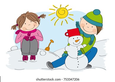 Cute little children (boy and girl) making a snowman, playing in the snow - winter scene - original hand drawn illustration