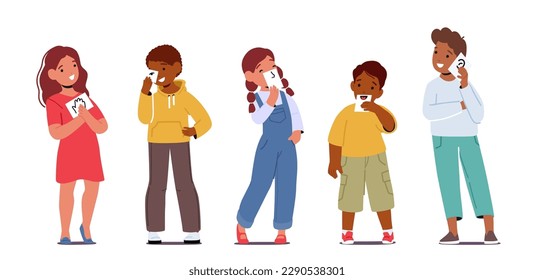 Cute Little Children Boys And Girls Character Show Five Senses Flash Cards Hearing, Sight, Smell, Taste And Touch. Kids Representing Human Sensitive Organs Concept. Cartoon People Vector Illustration