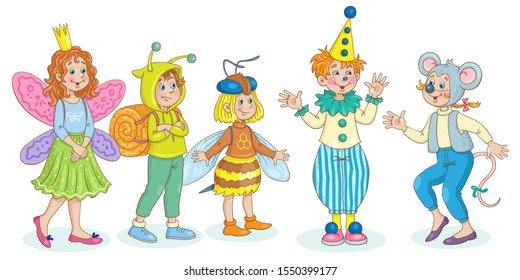 Pequeños y cortos disfrazados de carnaval. Abeja de miel, payaso, mariposa, caracol y ratón. Para una fiesta escolar. Al estilo de las caricaturas. Aislado sobre fondo blanco. Ilustración vectorial.