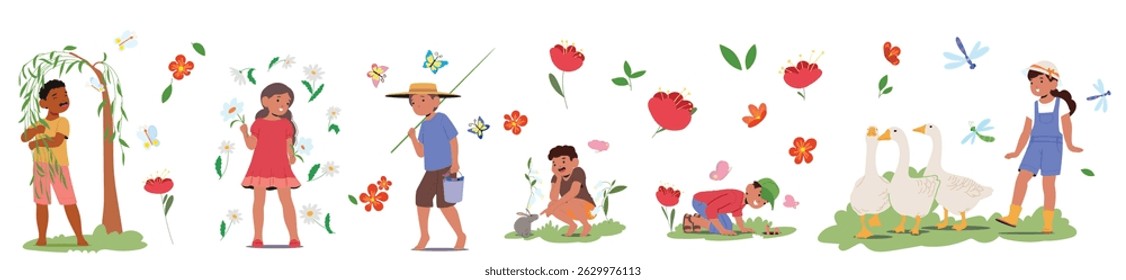 Cute little children cartoon characters enjoying walk on summer nature at countryside set isolated on white. Boys and girls playing with insects and farm animals, fishing vector illustration