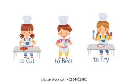 Cute little children cooking in the kitchen. Cut, beat, fry action verbs for kids education cartoon vector illustration