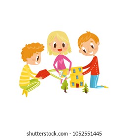 Cute little children cutting application details, kids creativity, education and development concept vector Illustration on a white background