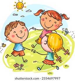Cute little children dancing circle. Cartoon kids holding hands dancing outdoors, flat vector illustration