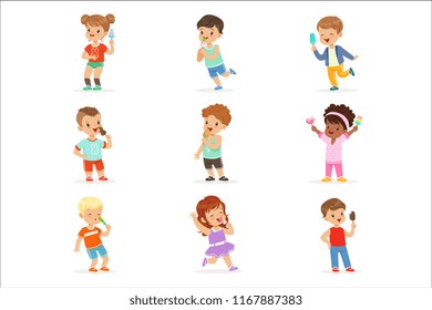 Cute little children eating ice cream. Happy children enjoying eating with their ice cream. Cartoon detailed colorful Illustrations