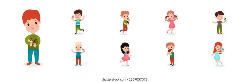 Cute Little Children Eating Ice Cream Dessert Vector Set