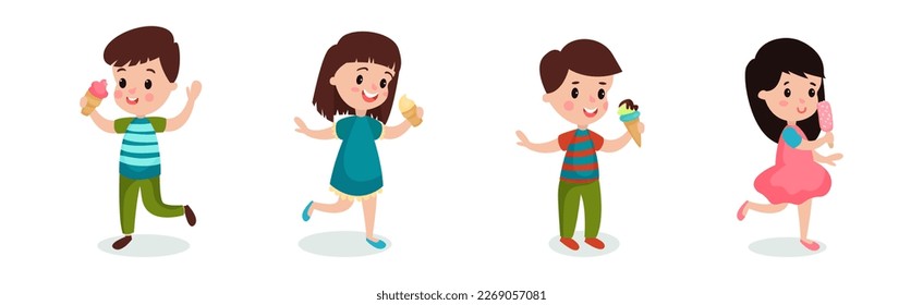 Cute Little Children Eating Ice Cream Dessert Vector Set