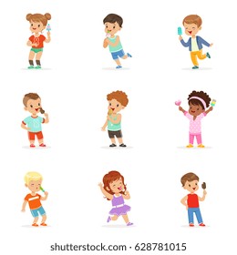 Cute little children eating ice cream. Happy children enjoying eating with their ice cream. Cartoon detailed colorful Illustrations