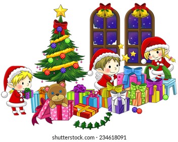 Cute little children elves are celebrating Christmas party with decorated Christmas tree and present ornament gift in isolated background with black outline, create by cartoon vector