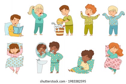 Cute Little Children Getting Ready to Bedtime Brushing Teeth, Reading Book and Sleeping in Their Beds Vector Set