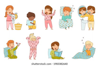 Cute Little Children Getting Ready to Bedtime Brushing Teeth, Reading Book and Sleeping in Their Beds Vector Set