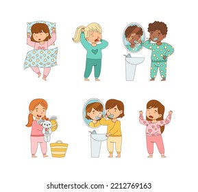 Cute Little Children Getting Ready to Bedtime Brushing Teeth, Yawning and Sleeping in Bed Vector Set