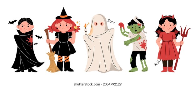 Cute little children in Halloween makeup. Halloween concept vector character illustration.