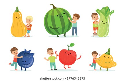 Cute Little Children Having Fun and Playing with Big Fruits and Vegetables Vector Set