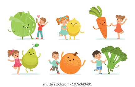 Cute Little Children Having Fun and Playing with Big Fruits and Vegetables Vector Set