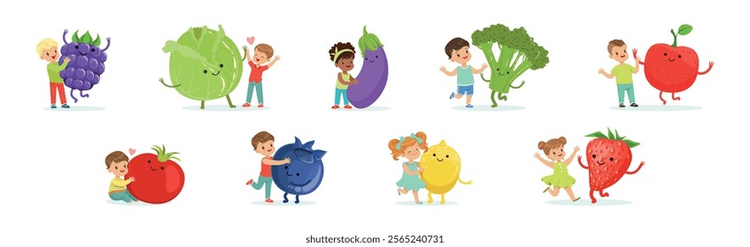 Cute Little Children Having Fun and Playing with Big Fruits and Vegetables Vector Set