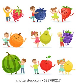 Cute little children having fun and playing with big fruits, set for label design. Colorful cartoon characters detailed vector Illustrations