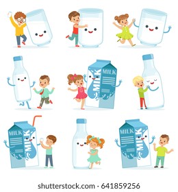 Cute little children having fun and playing with large boxes, mugs and bottles of milk, set for label design. Colorful cartoon characters