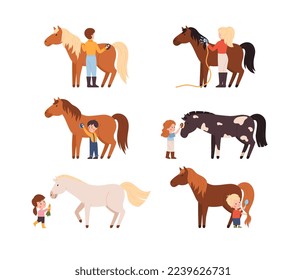 Cute little children hug and take care of horses. Animals therapy or equestrian lessons for kids, feed and take care of pets characters set, flat vector illustration isolated on white background.