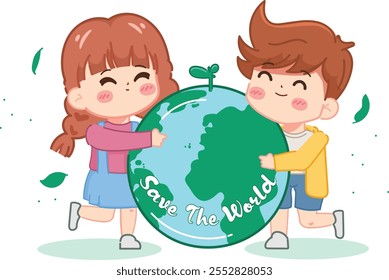 Cute little children hugging a globe to signify that we must love the earth.